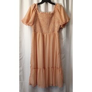 LC Lauren Conrad Peach Orange White Gingham Cottagecore Chiffon Dress Large